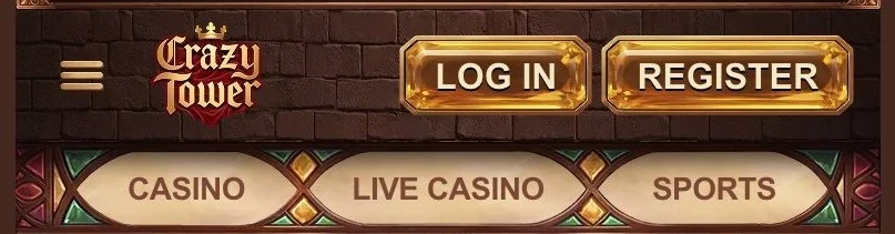 CrazyTower Login und Registrierung: Schaltflächen im Kopfbereich