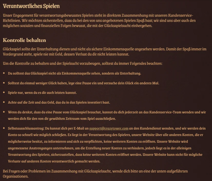 Verantwortungsvolles Spielen im CrazyTower Casino mit Spielerschutz und Selbstausschluss